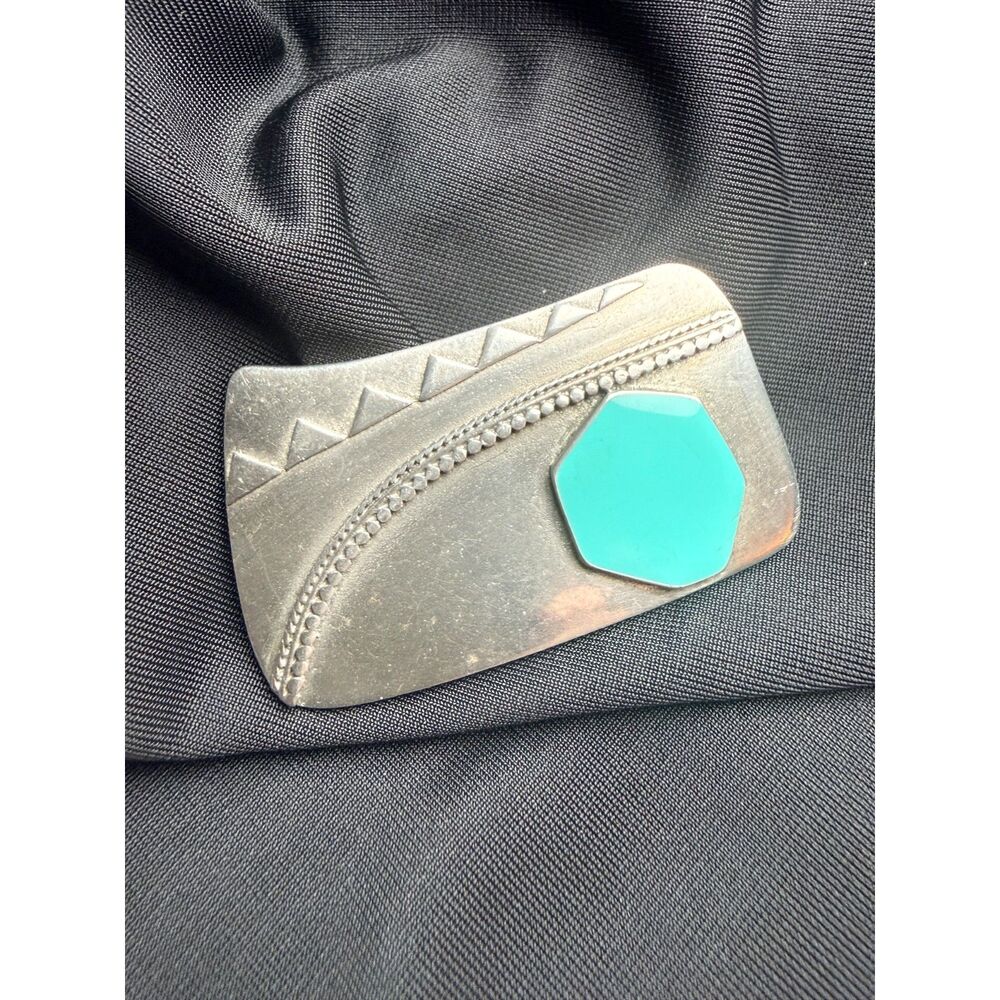 Vintage Modernist Asymmetric Pewter Brooch Pin Faux Turquoise